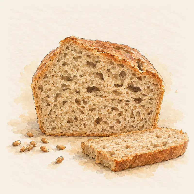 Our loaf cut open, showing its open, tender wholemeal crumb