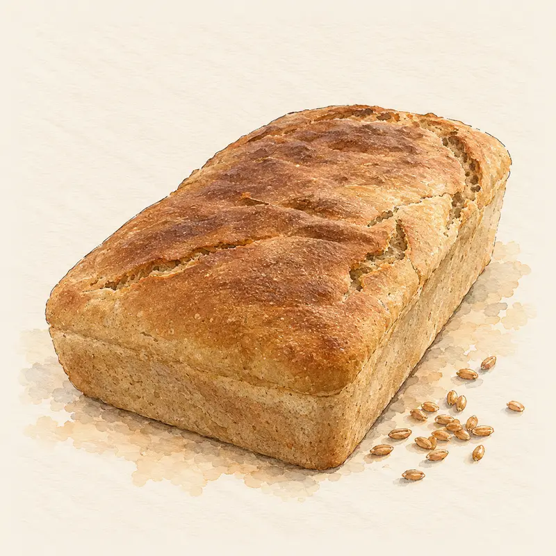 Our Farm Loaf, a golden tin loaf with a torn top