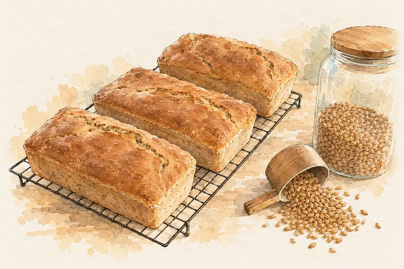 Three of our golden tin loaves cooling on a wire rack, with a wooden cup spilling wheat berries and a jar of wheat