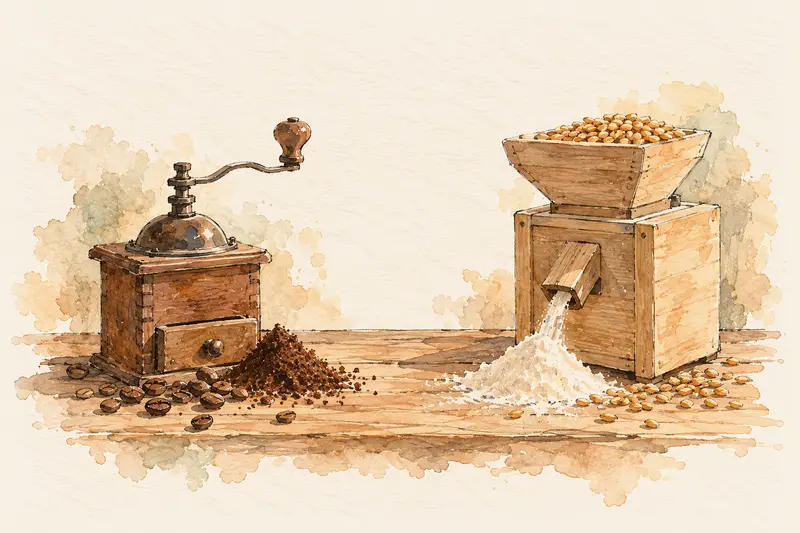A hand coffee grinder with beans beside a small stone mill with wheat
