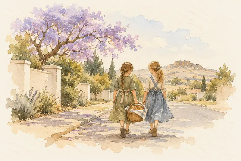 Two sisters, seen from behind, walking along a suburban road with a basket of loaves
