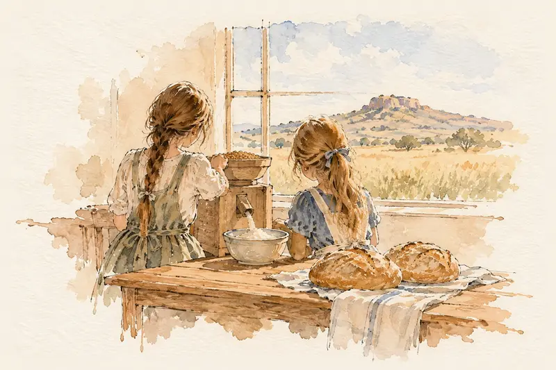 Two sisters, seen from behind, at a farmhouse kitchen table with a small stone mill, a bowl of flour and two cooling loaves