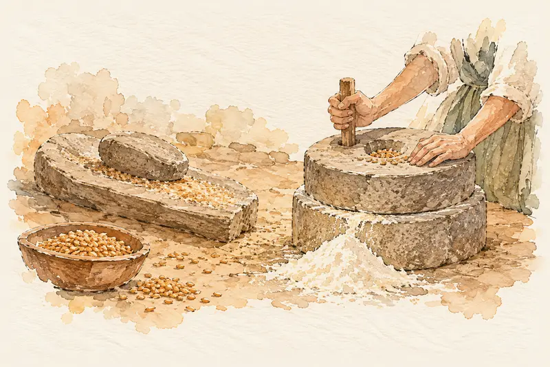 A saddle quern and a hand-turned rotary quern on a stone floor, with grain and flour