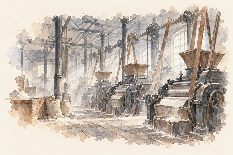 A hall of iron roller mills with belts and a pale cloud of flour