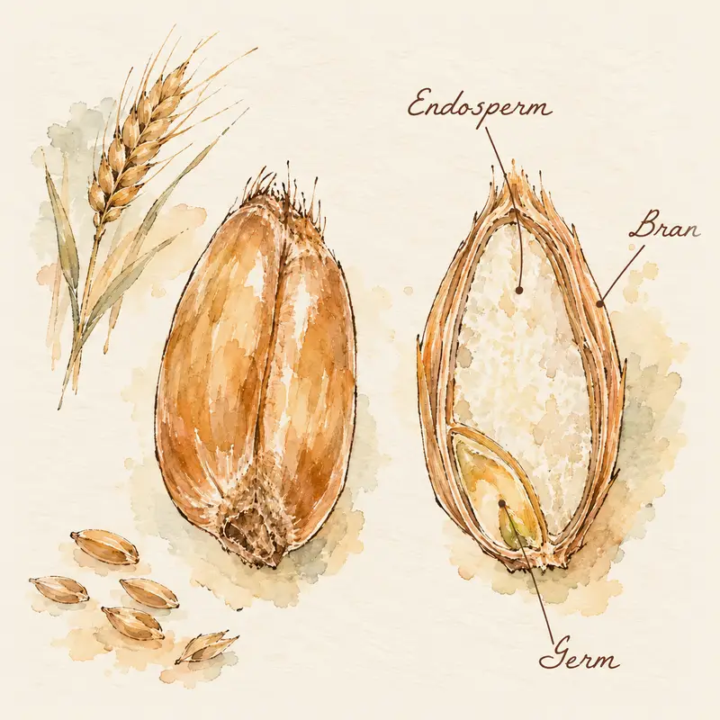 A wheat berry, whole and cut in half lengthways, with the bran, endosperm and germ labelled in handwriting